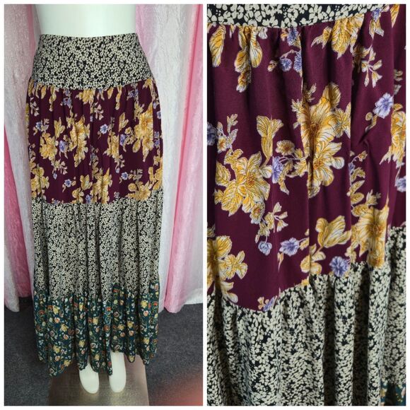 Natural Life Floral Cottagecore Boho Smocked Tiered Maxi Skirt Size XL - Picture 1 of 11